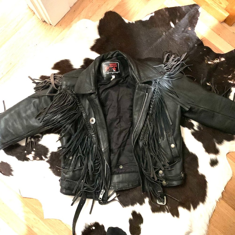Vintage First Echtes Leather Fringe Concho Motorcycle Jacket
